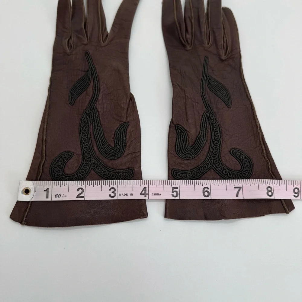 Vintage Embroidered Leather Gloves Women’s Brown